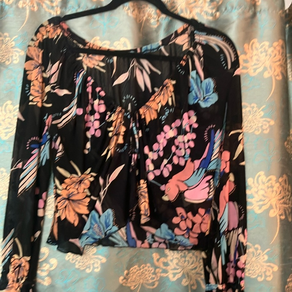 Free People Pink and Orange Crop Tie Front Blouse